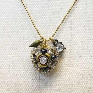 Betsey Johnson Heart Charm Necklace‎ Rhinestones Gold-Tone Ball Chain Signed
